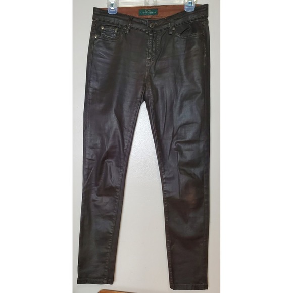 Ralph Lauren Women's 4 Waxed Tapered Slim Stretchy Denim Pants Jeans Dark Brown - Picture 2 of 8